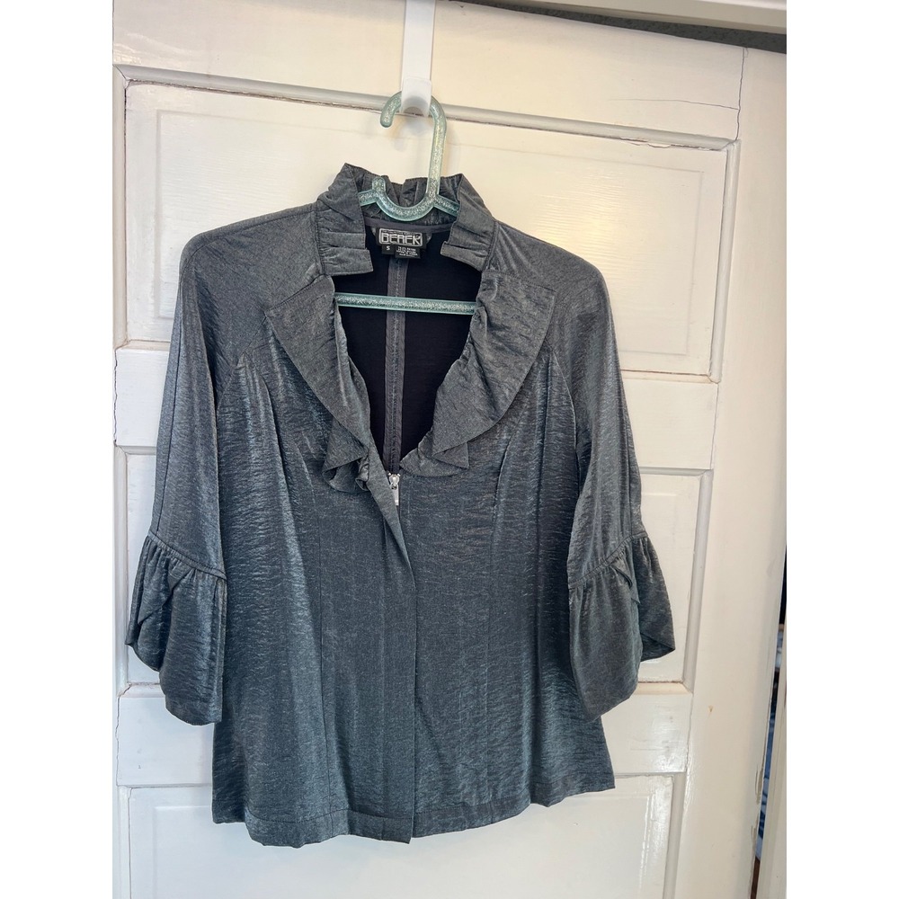 Berek 2 Shiny Silver Metallic Full Zip Ruffle Jacket Small 3/4 Sleeve Solid